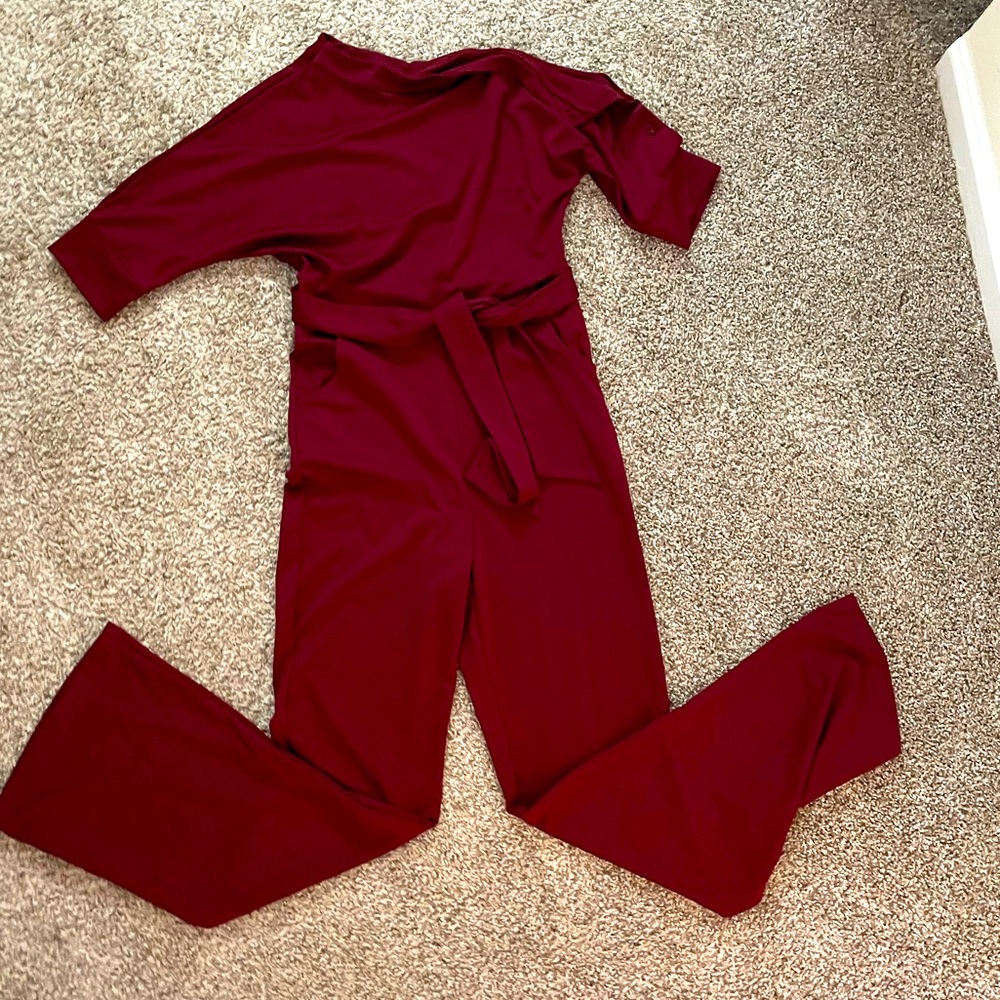 Maroon womens wide leg, off the shoulder jumpsuit
